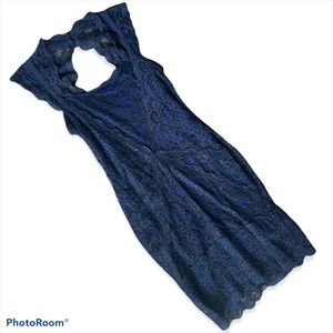 NICOLE MILLER LACE DRESS, BLUE, KEYHOLE BACK, SQUARE NECK, FULLY LINED, SZ: S